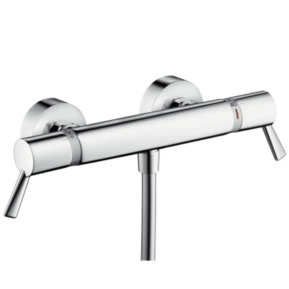 Brausethermostat von Hansgrohe mit zwei Hebeln zur Temperatur- und Wassermengenregulierung. Edelstahloptik, für die Wandmontage geeignet.